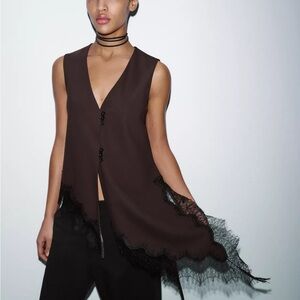 Zara Sleeveless Scallop Hem Lace-Trim Vest in Dark Brown